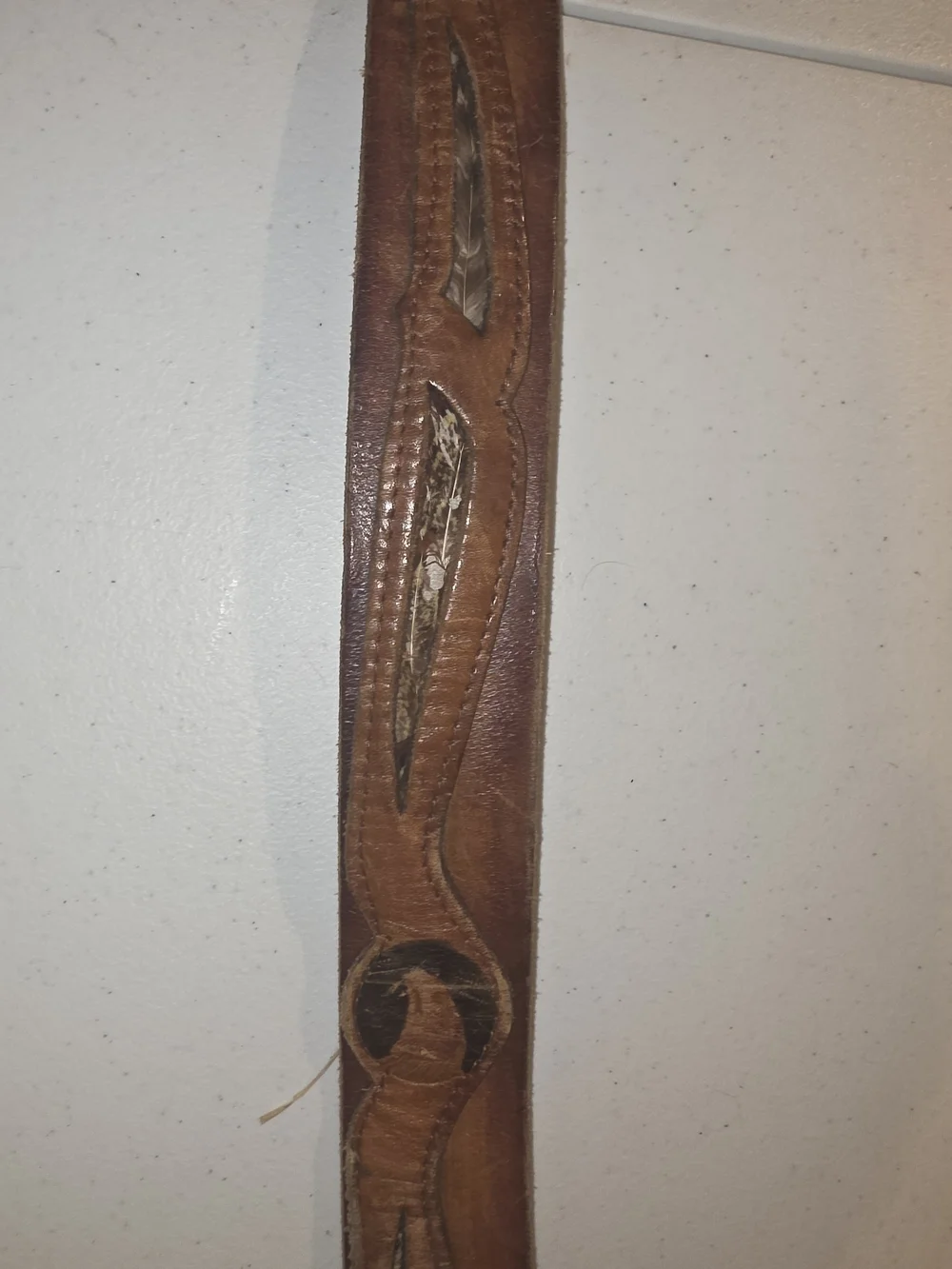 Leather Tooled Brown Men's Belt with Embossed W/ Inlaid Feathers & Ford Buckle